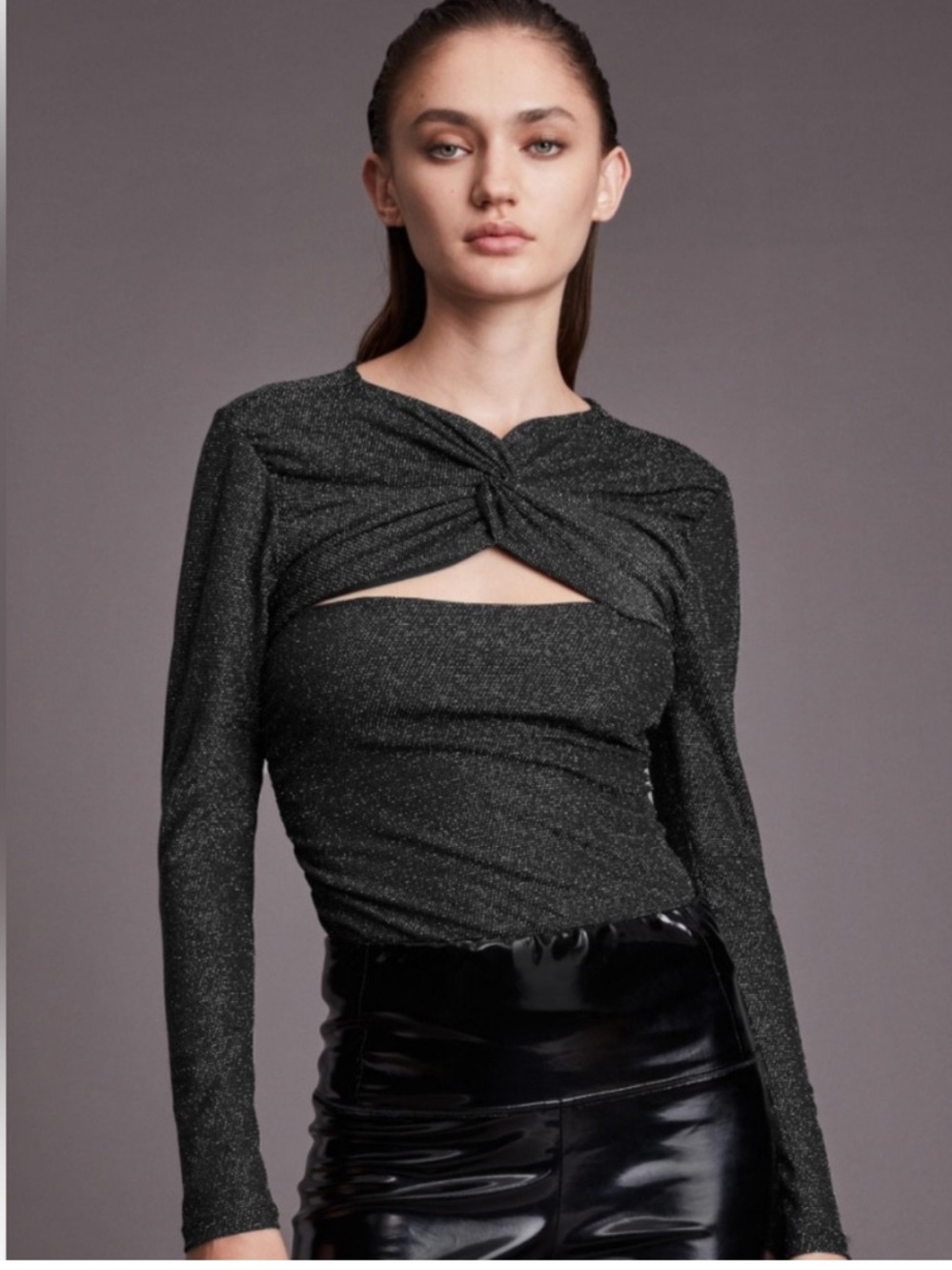 AllSaints Caelum Twist-Knot cut out Long Sleeve Crop Top in metallic